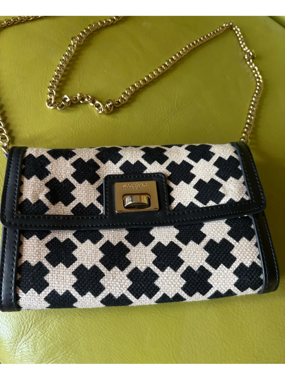 Spartina 449 Black Ivory Woven Crossbody Clutch Gold Chain Bag